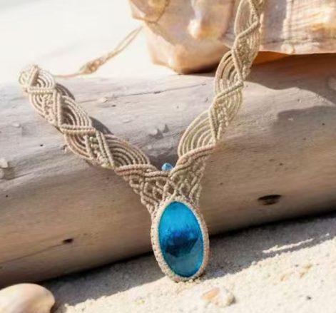 Macrame Necklace with Blue Gemstone