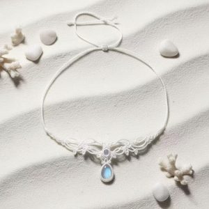 Elegant White Macrame Necklace with Moonstone