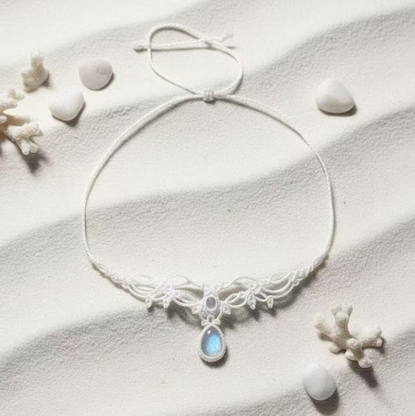 Elegant White Macrame Necklace with Moonstone