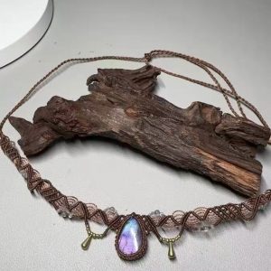 Rustic Macrame Necklace with Iridescent Stone