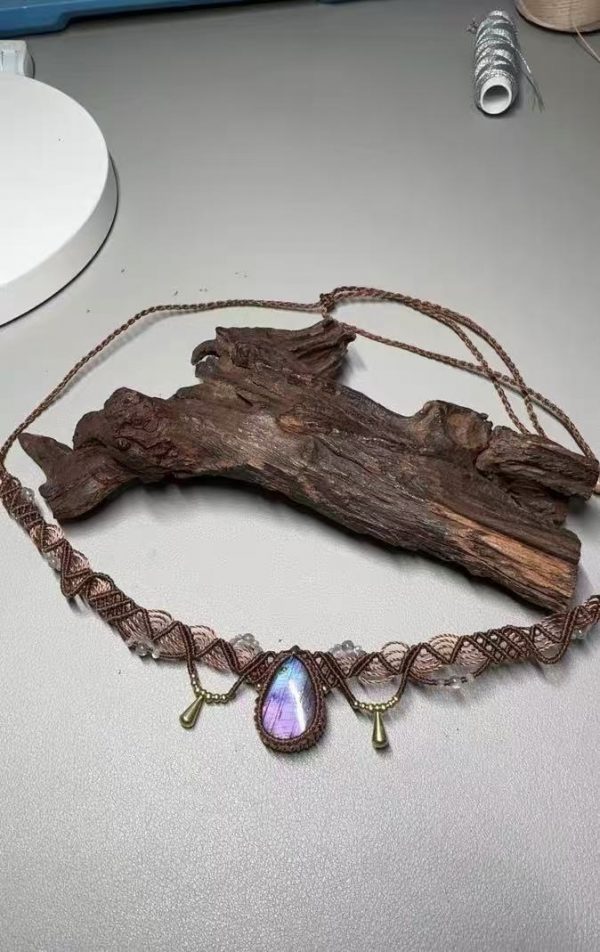 Rustic Macrame Necklace with Iridescent Stone
